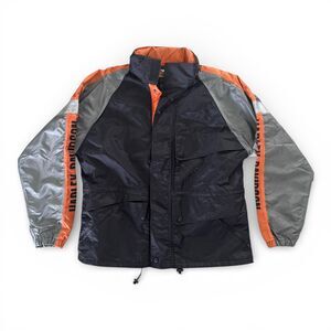 Harley Davidson Mens Large Hooded Reflective Rain Riding Jacket Y2K Black Orange